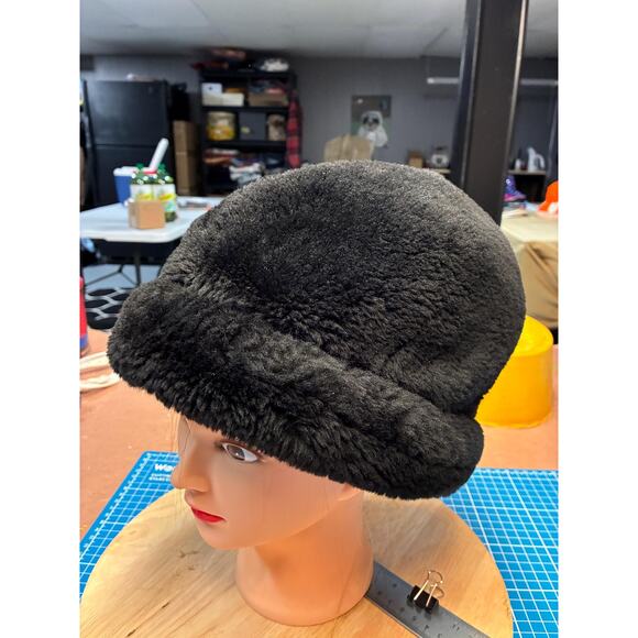 Vintage Black Shearling Ushanka Hat Real Sheepskin Fur Winter Trapper Hat